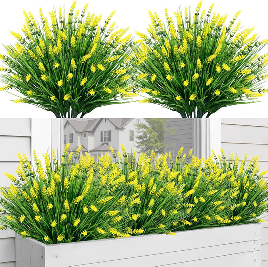 24 Bundles Fake Lavender Artificial Flowers for Outdoors, Yellow | UV resistant, plastic lavender with monkey grass, faux plants, home porch garden window box outdoor indoor decorations