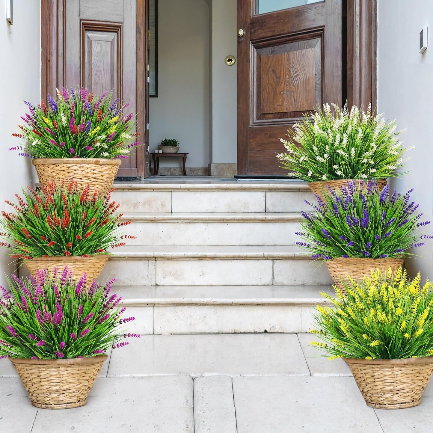24 Bundles Fake Lavender Artificial Flowers for Outdoors, Yellow | UV resistant, plastic lavender with monkey grass, faux plants, home porch garden window box outdoor indoor decorations