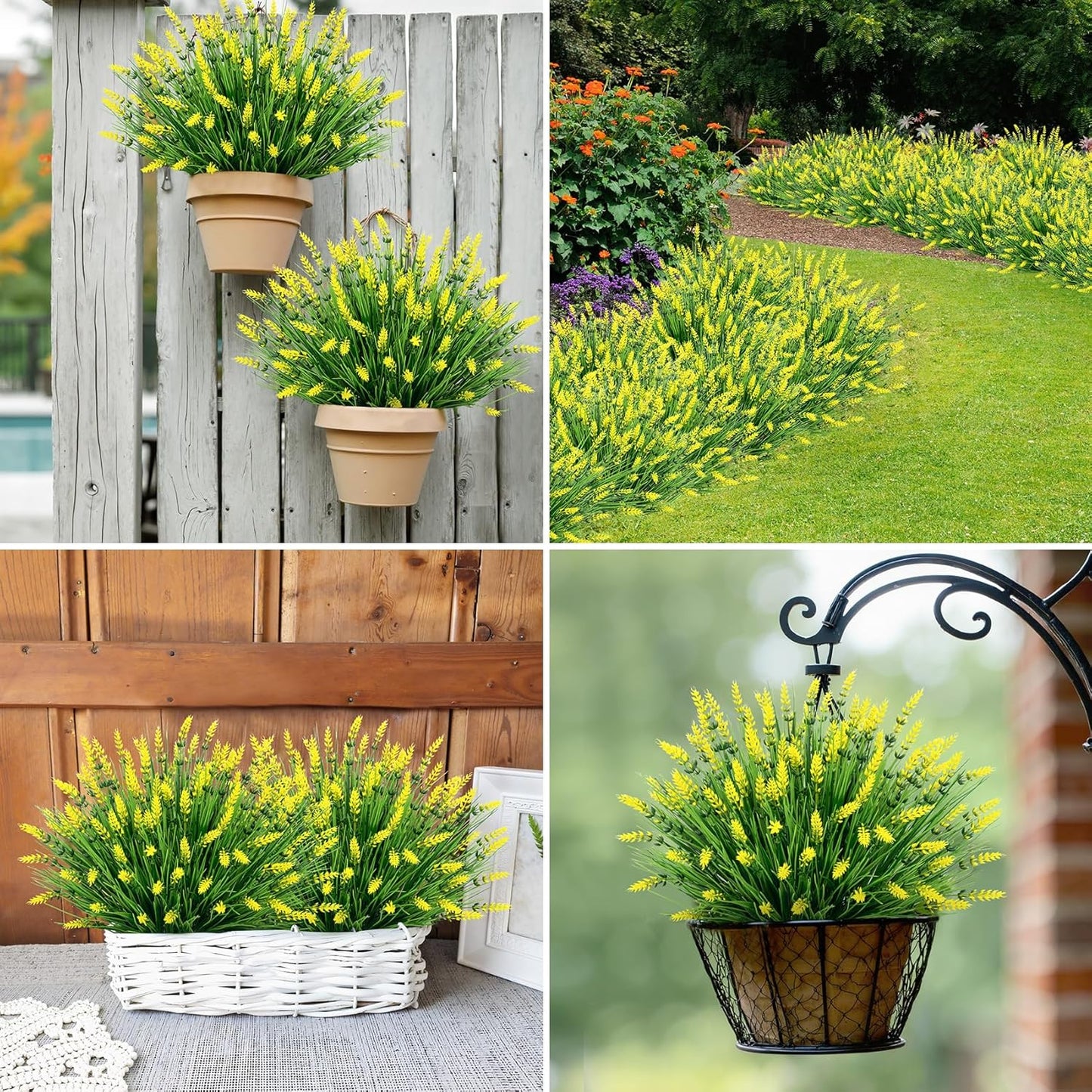24 Bundles Fake Lavender Artificial Flowers for Outdoors, Yellow | UV resistant, plastic lavender with monkey grass, faux plants, home porch garden window box outdoor indoor decorations