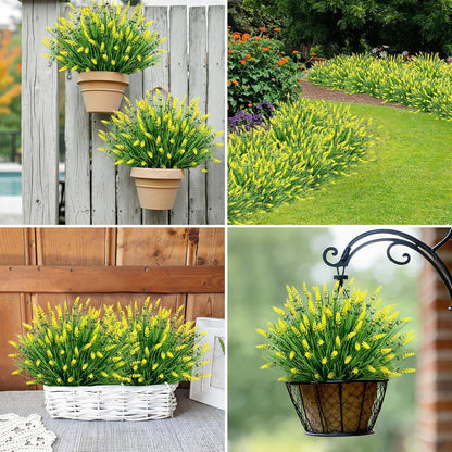24 Bundles Fake Lavender Artificial Flowers for Outdoors, Yellow | UV resistant, plastic lavender with monkey grass, faux plants, home porch garden window box outdoor indoor decorations
