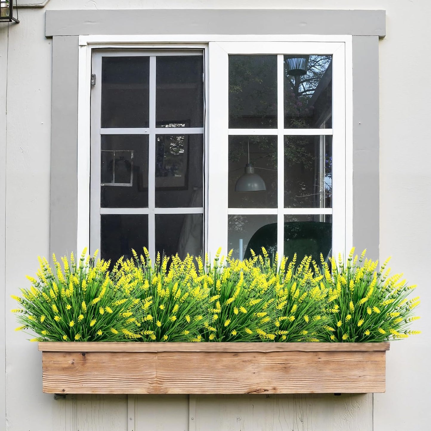 24 Bundles Fake Lavender Artificial Flowers for Outdoors, Yellow | UV resistant, plastic lavender with monkey grass, faux plants, home porch garden window box outdoor indoor decorations