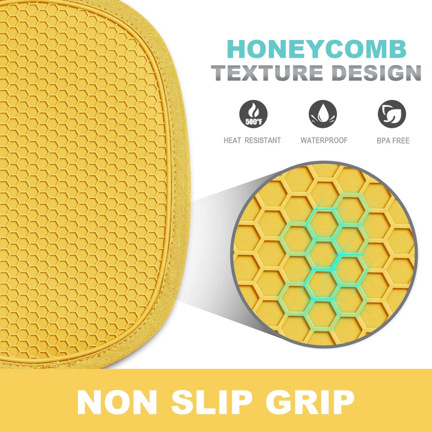 2-Pack Silicone Pot Holders for Kitchen Heat Resistant up to 500°F, Non-Slip Large Hot Pads with Pocket, Quilted Liner Trivets for Countertops Hot Pots and Pans (Yellow)