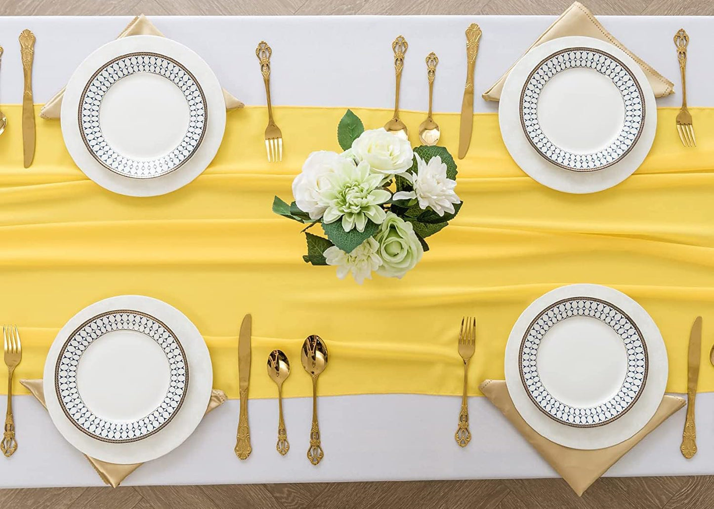 Pack of 2 Chiffon Table Runner 27” x 120” (10ft) – Sheer Soft Flowing Fabric Wedding Table Runner for Party, Reception, Birthday, Event, Home, Banquet & Hotel Dinner Table Décor - Yellow