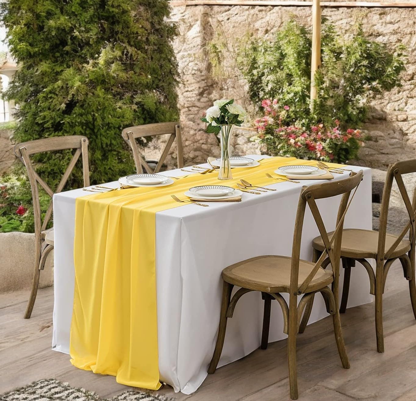 Pack of 2 Chiffon Table Runner 27” x 120” (10ft) – Sheer Soft Flowing Fabric Wedding Table Runner for Party, Reception, Birthday, Event, Home, Banquet & Hotel Dinner Table Décor - Yellow
