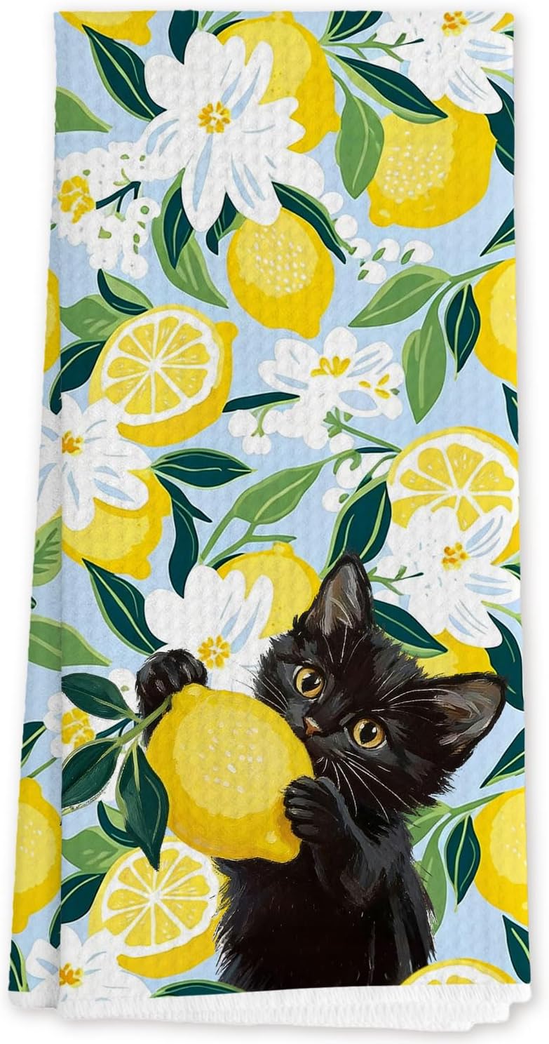 Black Cat Floral Lemon Kitchen Towels, Black Cat Lover Mom Gifts Decorative Hand Towels for Bathroom, Summer Lemon Fruit Dish Tea Towel for Kitchen Decor, 16x24 Inch