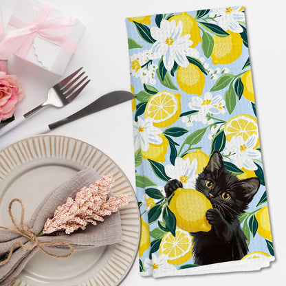 Black Cat Floral Lemon Kitchen Towels, Black Cat Lover Mom Gifts Decorative Hand Towels for Bathroom, Summer Lemon Fruit Dish Tea Towel for Kitchen Decor, 16x24 Inch