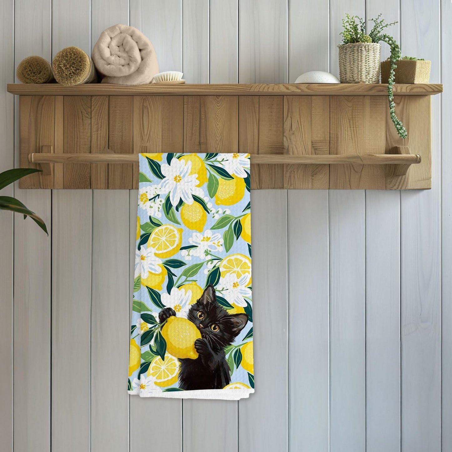 Black Cat Floral Lemon Kitchen Towels, Black Cat Lover Mom Gifts Decorative Hand Towels for Bathroom, Summer Lemon Fruit Dish Tea Towel for Kitchen Decor, 16x24 Inch