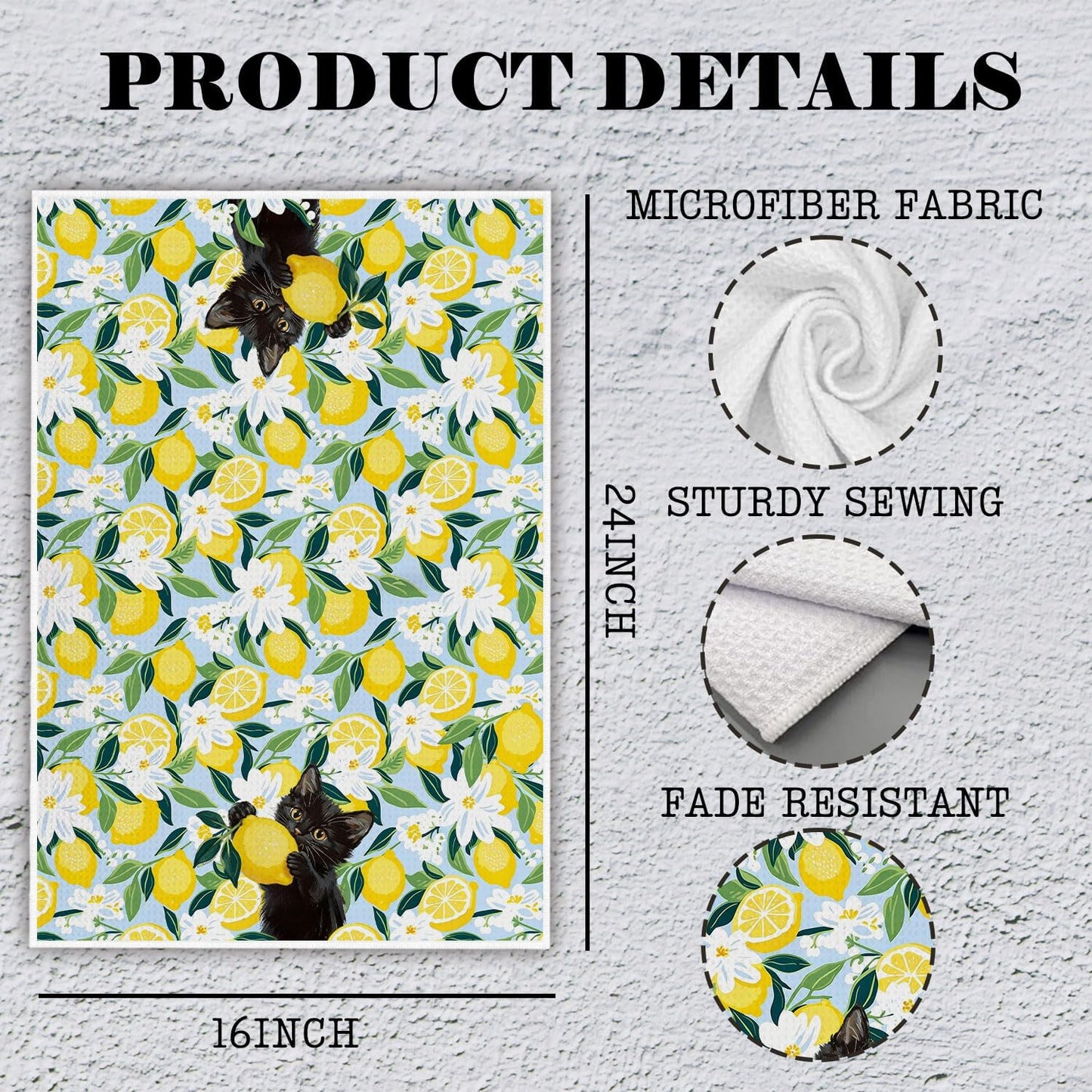 Black Cat Floral Lemon Kitchen Towels, Black Cat Lover Mom Gifts Decorative Hand Towels for Bathroom, Summer Lemon Fruit Dish Tea Towel for Kitchen Decor, 16x24 Inch