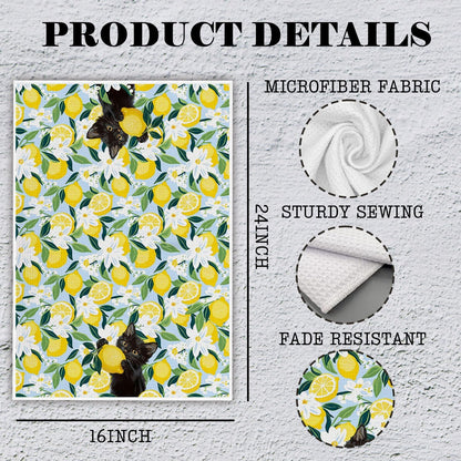 Black Cat Floral Lemon Kitchen Towels, Black Cat Lover Mom Gifts Decorative Hand Towels for Bathroom, Summer Lemon Fruit Dish Tea Towel for Kitchen Decor, 16x24 Inch