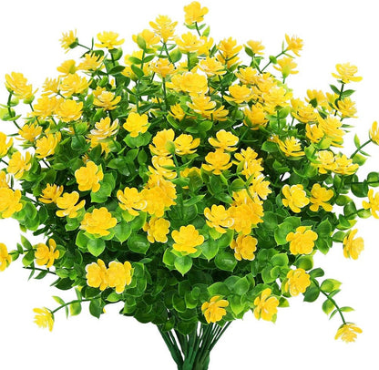 Artificial Flowers Fake Outdoor UV Resistant Boxwood Plants Shrubs 4 Pack, Faux Plastic Greenery for Indoor Outside Hanging Planter Home Office Wedding Farmhouse Decor (Yellow)