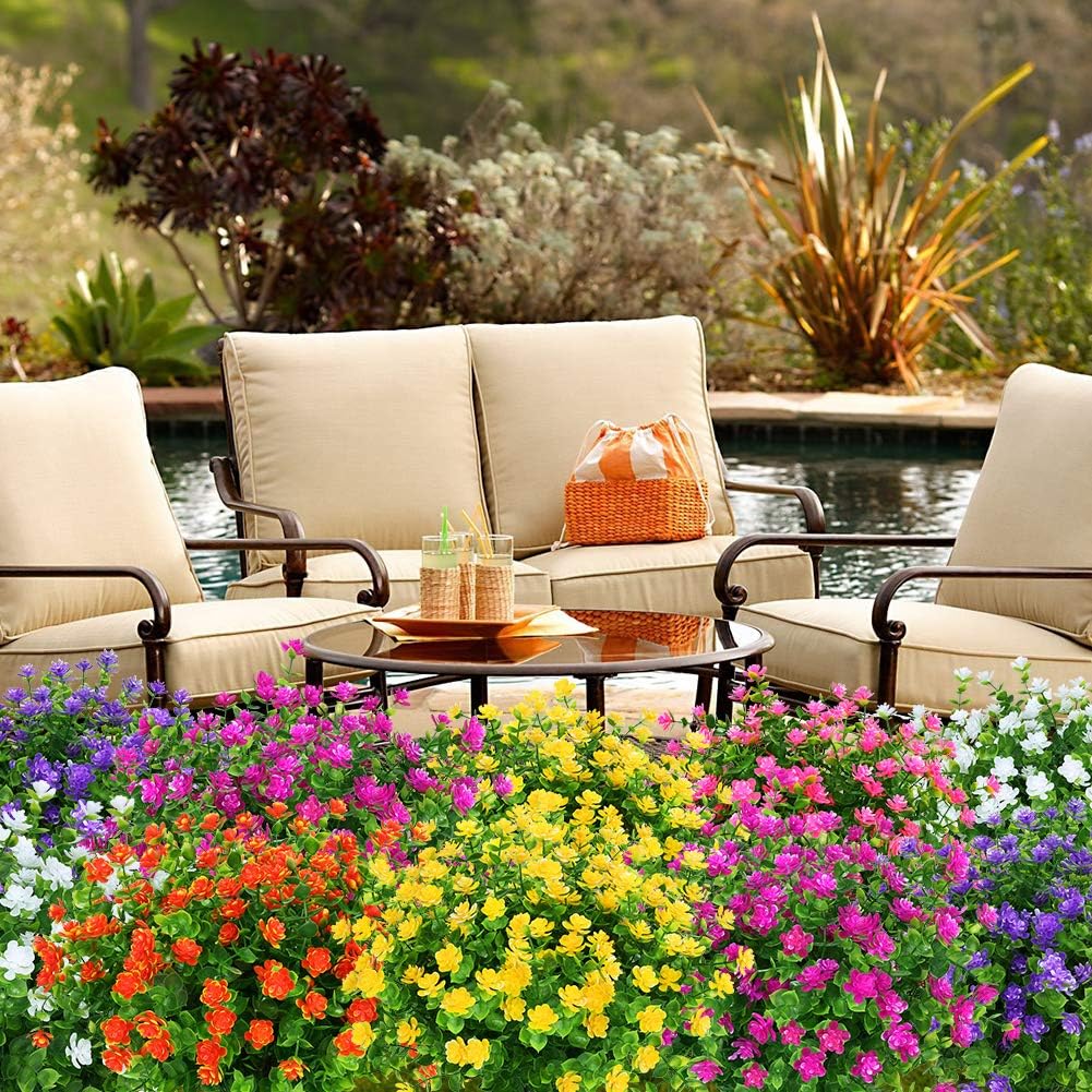 Artificial Flowers Fake Outdoor UV Resistant Boxwood Plants Shrubs 4 Pack, Faux Plastic Greenery for Indoor Outside Hanging Planter Home Office Wedding Farmhouse Decor (Yellow)
