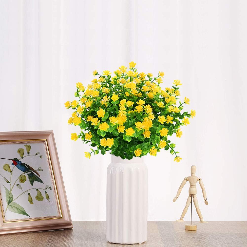 Artificial Flowers Fake Outdoor UV Resistant Boxwood Plants Shrubs 4 Pack, Faux Plastic Greenery for Indoor Outside Hanging Planter Home Office Wedding Farmhouse Decor (Yellow)