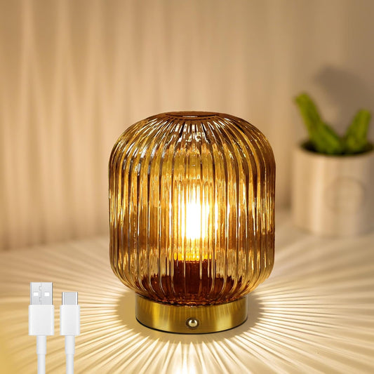 Rechargeable Table Lamp, Yellow Glass Lamp with Memory Function, Small Cordless LED Lamp with Dimmable Brightness, Decorative Touch Lamps for Bedroom Living Room (Yellow)