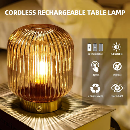 Rechargeable Table Lamp, Yellow Glass Lamp with Memory Function, Small Cordless LED Lamp with Dimmable Brightness, Decorative Touch Lamps for Bedroom Living Room (Yellow)