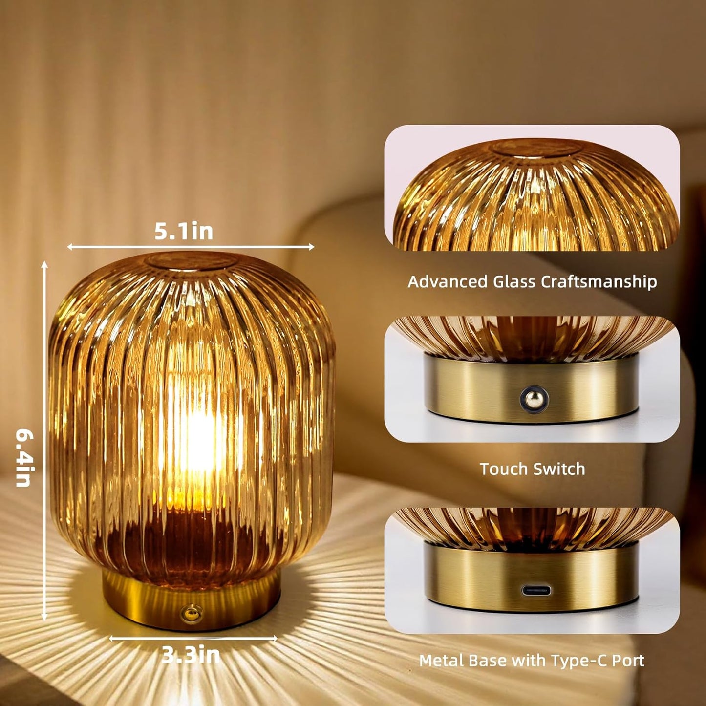 Rechargeable Table Lamp, Yellow Glass Lamp with Memory Function, Small Cordless LED Lamp with Dimmable Brightness, Decorative Touch Lamps for Bedroom Living Room (Yellow)