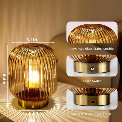 Rechargeable Table Lamp, Yellow Glass Lamp with Memory Function, Small Cordless LED Lamp with Dimmable Brightness, Decorative Touch Lamps for Bedroom Living Room (Yellow)