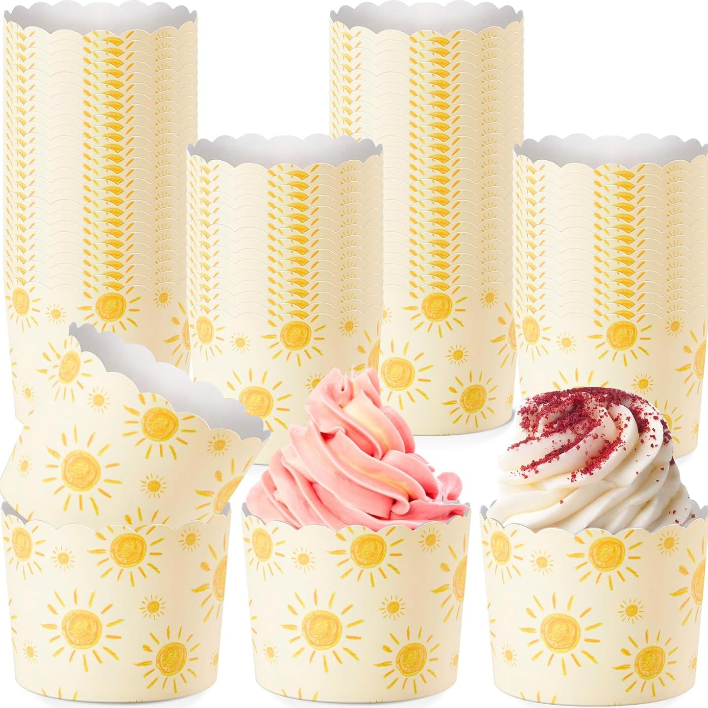 100 Pcs Bohemian Sun Paper Baking Cups Yellow Sunshine Cupcake Liners Wrappers Decorative Cupcake Holders for Summer Hawaii Picnic Baby Shower Pastel Wedding Birthday Party Favors Supplies