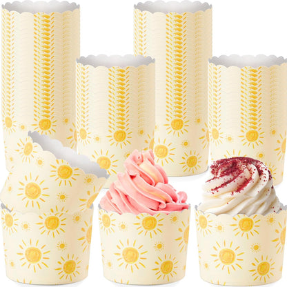 100 Pcs Bohemian Sun Paper Baking Cups Yellow Sunshine Cupcake Liners Wrappers Decorative Cupcake Holders for Summer Hawaii Picnic Baby Shower Pastel Wedding Birthday Party Favors Supplies