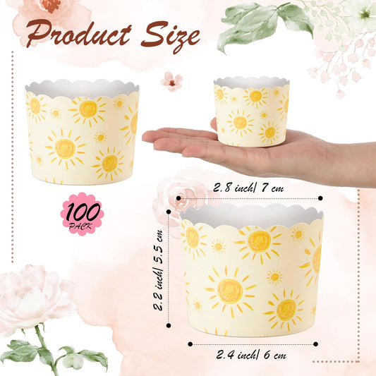 100 Pcs Bohemian Sun Paper Baking Cups Yellow Sunshine Cupcake Liners Wrappers Decorative Cupcake Holders for Summer Hawaii Picnic Baby Shower Pastel Wedding Birthday Party Favors Supplies