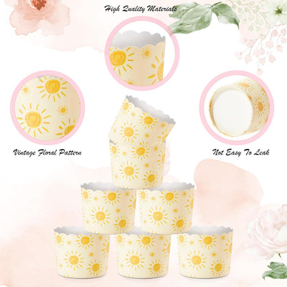 100 Pcs Bohemian Sun Paper Baking Cups Yellow Sunshine Cupcake Liners Wrappers Decorative Cupcake Holders for Summer Hawaii Picnic Baby Shower Pastel Wedding Birthday Party Favors Supplies