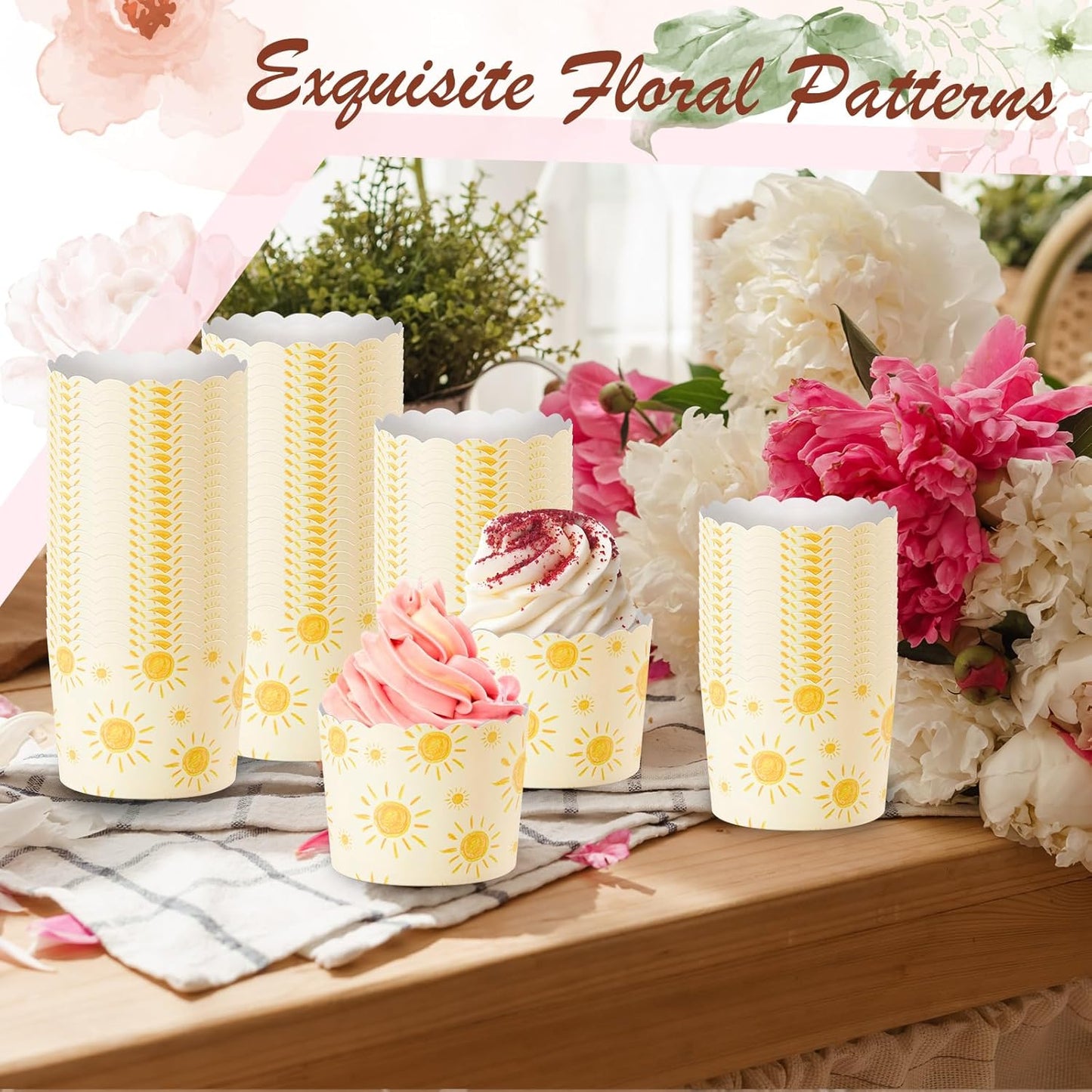 100 Pcs Bohemian Sun Paper Baking Cups Yellow Sunshine Cupcake Liners Wrappers Decorative Cupcake Holders for Summer Hawaii Picnic Baby Shower Pastel Wedding Birthday Party Favors Supplies