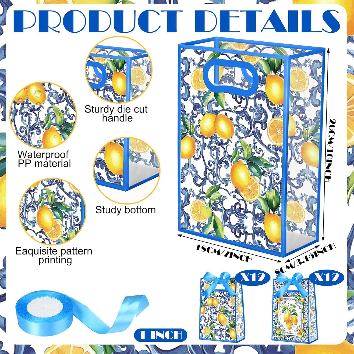 24 Pcs Capri Lemon Gift Bags for Party Favors Clear Reusable PVC Treat Goodie Bags with Handles and Ribbon for Baby Shower Birthday Wedding Supplies Decors, 7x10x3.15 Inch