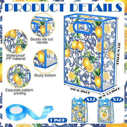 24 Pcs Capri Lemon Gift Bags for Party Favors Clear Reusable PVC Treat Goodie Bags with Handles and Ribbon for Baby Shower Birthday Wedding Supplies Decors, 7x10x3.15 Inch