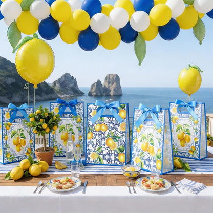 24 Pcs Capri Lemon Gift Bags for Party Favors Clear Reusable PVC Treat Goodie Bags with Handles and Ribbon for Baby Shower Birthday Wedding Supplies Decors, 7x10x3.15 Inch