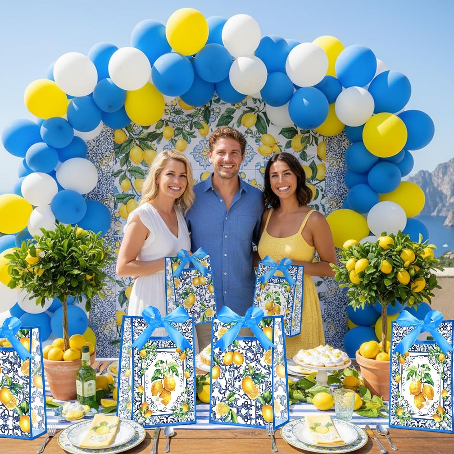 24 Pcs Capri Lemon Gift Bags for Party Favors Clear Reusable PVC Treat Goodie Bags with Handles and Ribbon for Baby Shower Birthday Wedding Supplies Decors, 7x10x3.15 Inch