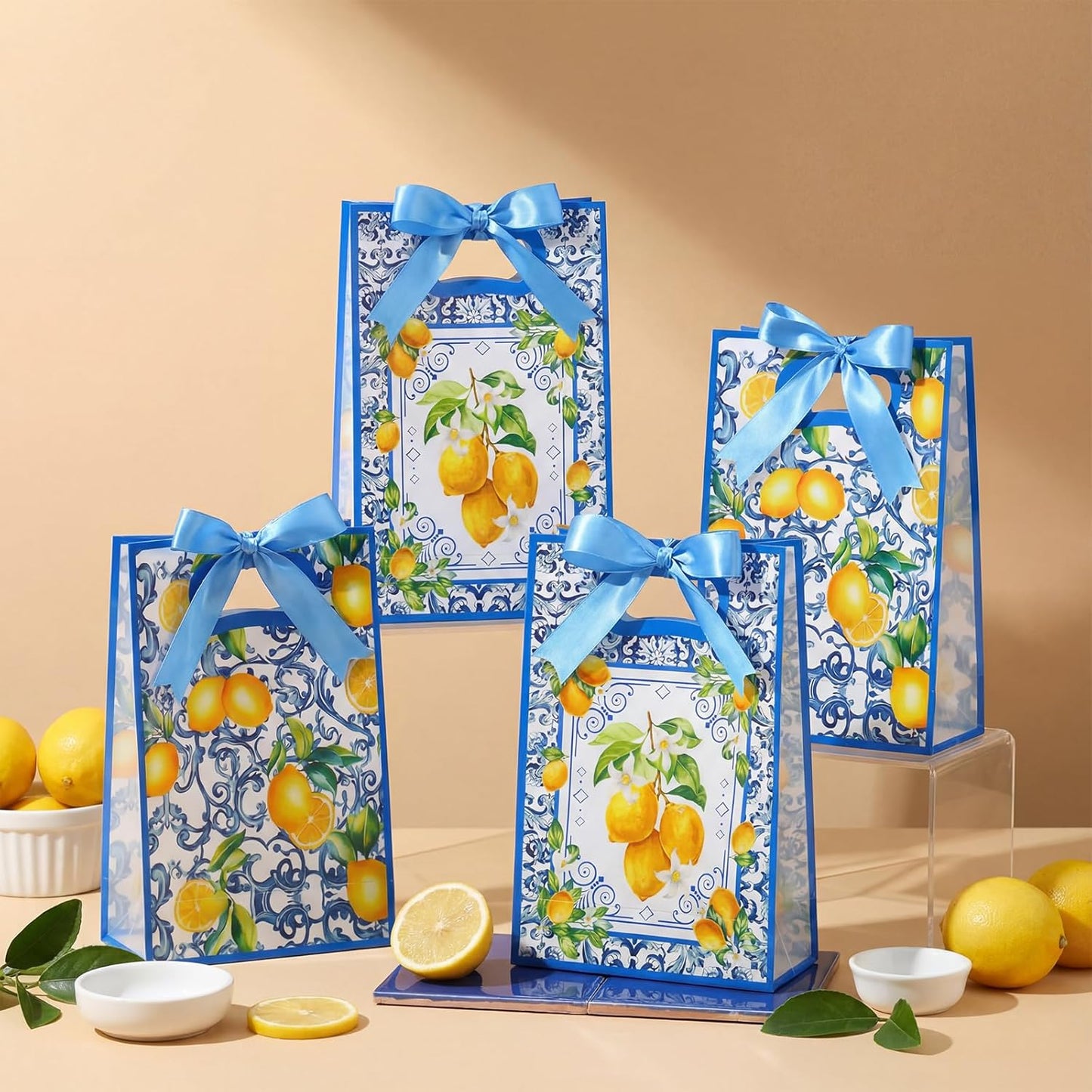 24 Pcs Capri Lemon Gift Bags for Party Favors Clear Reusable PVC Treat Goodie Bags with Handles and Ribbon for Baby Shower Birthday Wedding Supplies Decors, 7x10x3.15 Inch