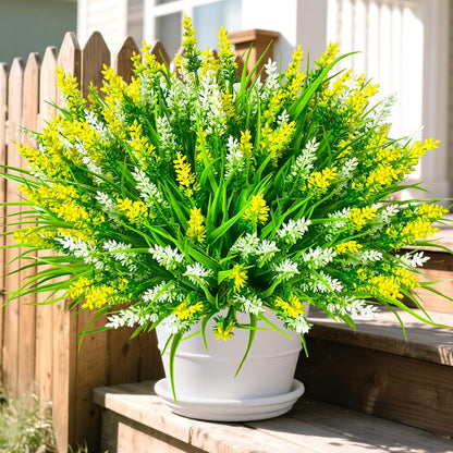 Artificial Plants Outdoor, 20 Pcs Fake Flowers UV Resistant Outdoor Fake Plants, Lavender Artificial Flowers Plastic Fake Faux Flowers Shrubs for Home Porch Garden Yard Window Box (Yellow White)