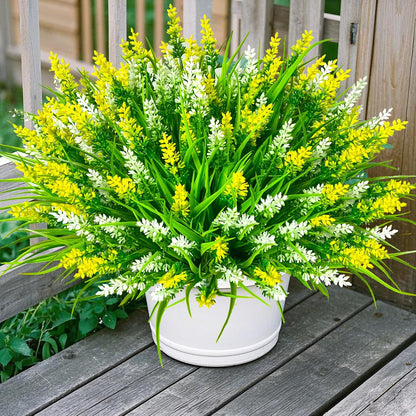 Artificial Plants Outdoor, 20 Pcs Fake Flowers UV Resistant Outdoor Fake Plants, Lavender Artificial Flowers Plastic Fake Faux Flowers Shrubs for Home Porch Garden Yard Window Box (Yellow White)