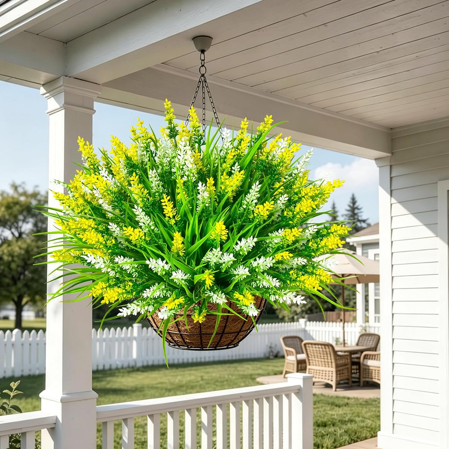 Artificial Plants Outdoor, 20 Pcs Fake Flowers UV Resistant Outdoor Fake Plants, Lavender Artificial Flowers Plastic Fake Faux Flowers Shrubs for Home Porch Garden Yard Window Box (Yellow White)
