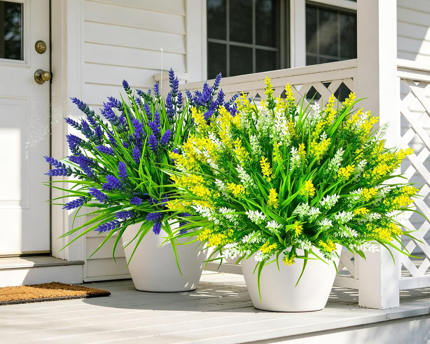 Artificial Plants Outdoor, 20 Pcs Fake Flowers UV Resistant Outdoor Fake Plants, Lavender Artificial Flowers Plastic Fake Faux Flowers Shrubs for Home Porch Garden Yard Window Box (Yellow White)