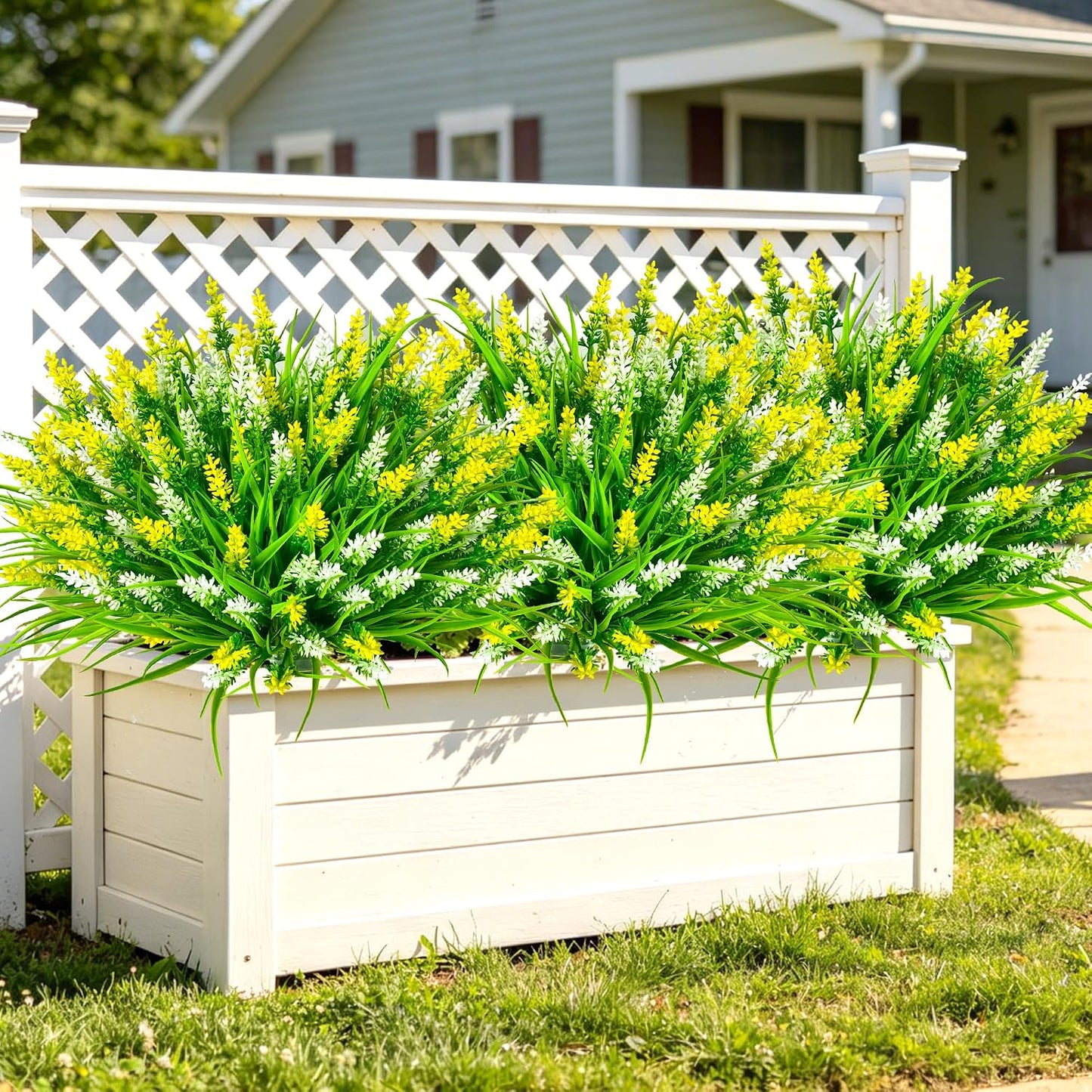 Artificial Plants Outdoor, 20 Pcs Fake Flowers UV Resistant Outdoor Fake Plants, Lavender Artificial Flowers Plastic Fake Faux Flowers Shrubs for Home Porch Garden Yard Window Box (Yellow White)