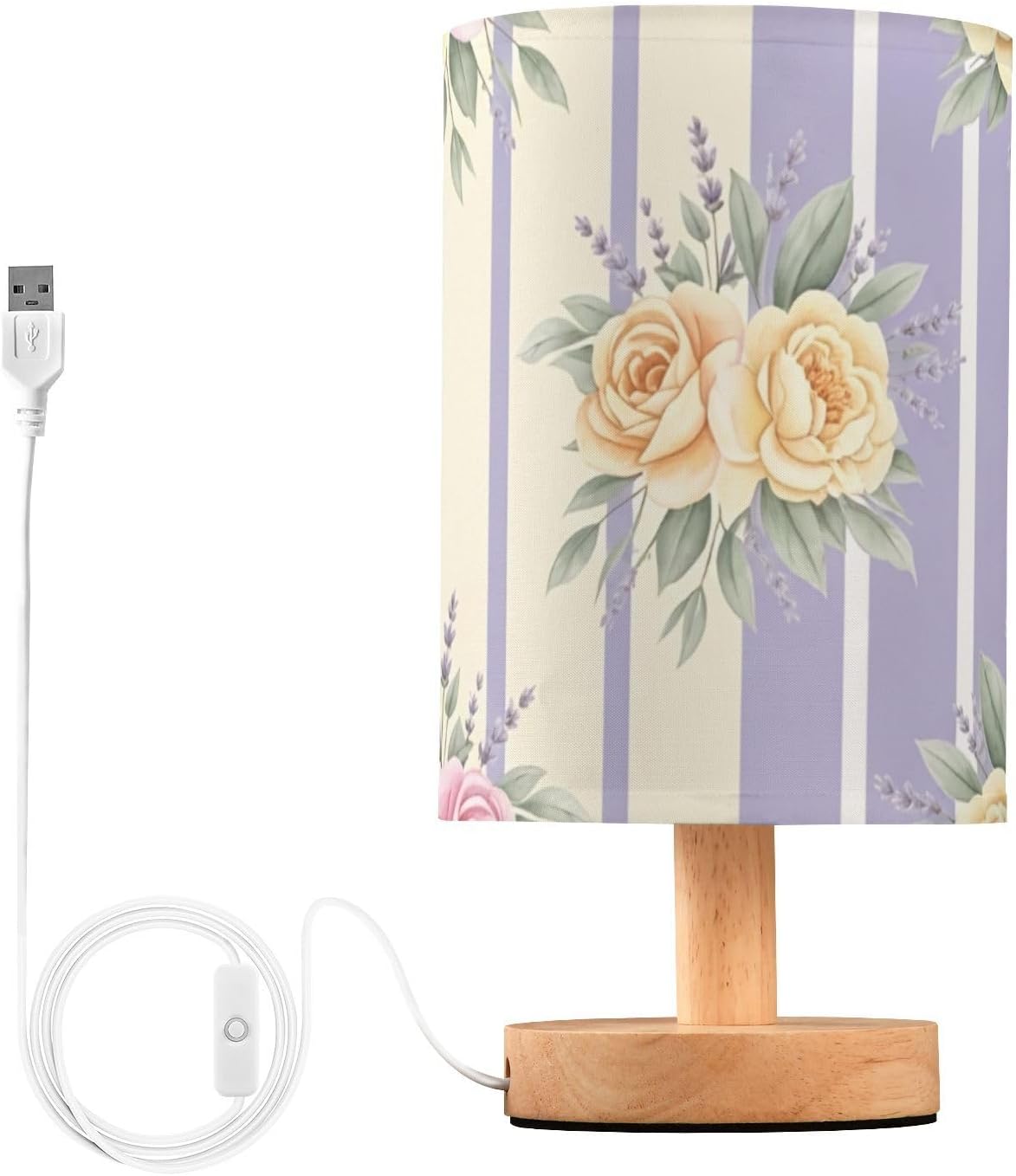 Yellow Flowers Bedside Table Lamp with USB Ports, LED Nightstand Desk Lamp with Flaxen Fabric Shade & Wood Base for Bedroom, Living Room,Office Dorm