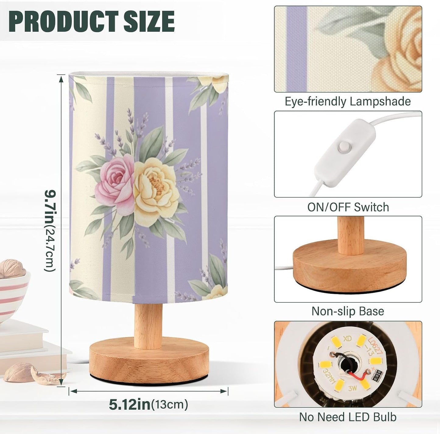 Yellow Flowers Bedside Table Lamp with USB Ports, LED Nightstand Desk Lamp with Flaxen Fabric Shade & Wood Base for Bedroom, Living Room,Office Dorm