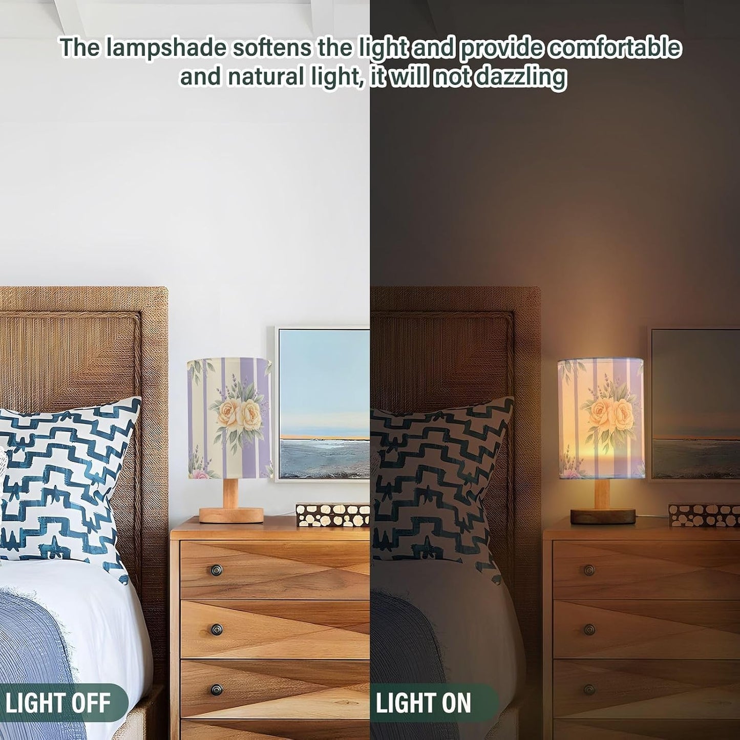 Yellow Flowers Bedside Table Lamp with USB Ports, LED Nightstand Desk Lamp with Flaxen Fabric Shade & Wood Base for Bedroom, Living Room,Office Dorm