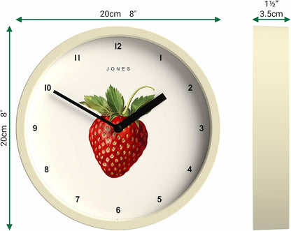 ® Fruit wall Clock | Small Round Clock | 8" | Yellow | Botanical Illustrated Lemon dial | Ideal for Kitchen and Dining Rooms.