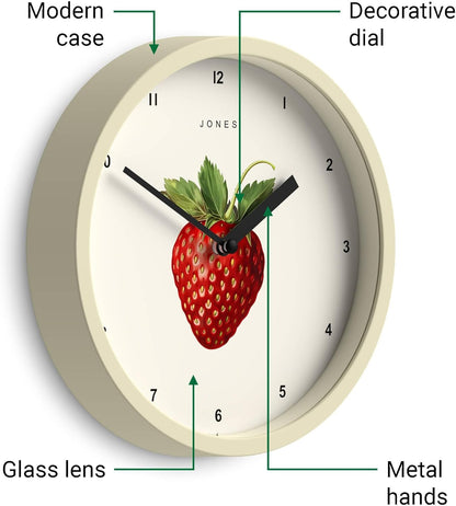 ® Fruit wall Clock | Small Round Clock | 8" | Yellow | Botanical Illustrated Lemon dial | Ideal for Kitchen and Dining Rooms.