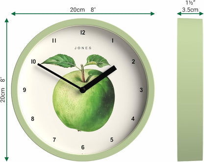 ® Fruit wall Clock | Small Round Clock | 8" | Yellow | Botanical Illustrated Lemon dial | Ideal for Kitchen and Dining Rooms.