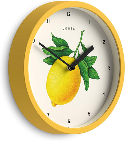 ® Fruit wall Clock | Small Round Clock | 8" | Yellow | Botanical Illustrated Lemon dial | Ideal for Kitchen and Dining Rooms.