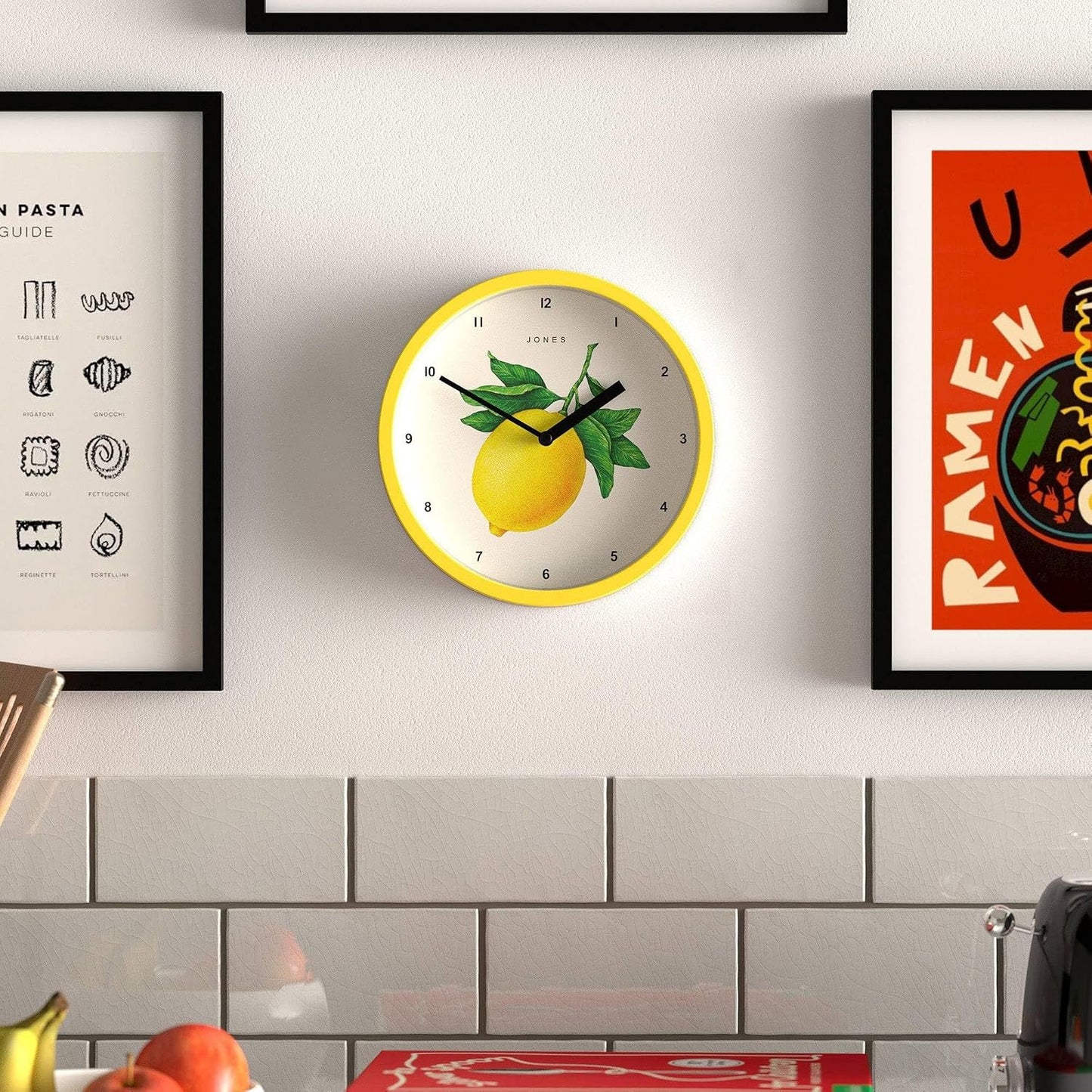 ® Fruit wall Clock | Small Round Clock | 8" | Yellow | Botanical Illustrated Lemon dial | Ideal for Kitchen and Dining Rooms.
