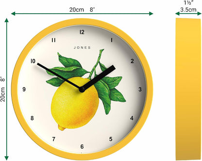 ® Fruit wall Clock | Small Round Clock | 8" | Yellow | Botanical Illustrated Lemon dial | Ideal for Kitchen and Dining Rooms.