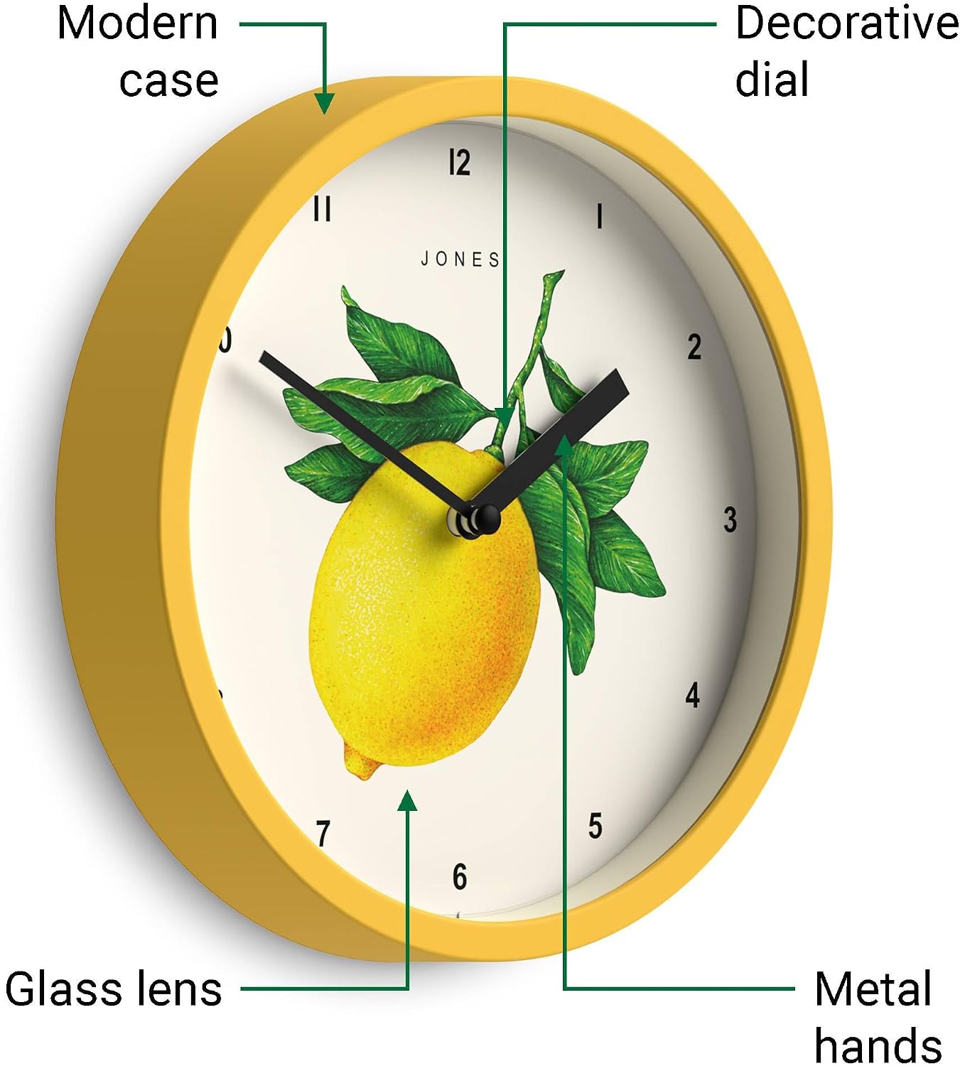 ® Fruit wall Clock | Small Round Clock | 8" | Yellow | Botanical Illustrated Lemon dial | Ideal for Kitchen and Dining Rooms.