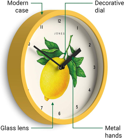 ® Fruit wall Clock | Small Round Clock | 8" | Yellow | Botanical Illustrated Lemon dial | Ideal for Kitchen and Dining Rooms.