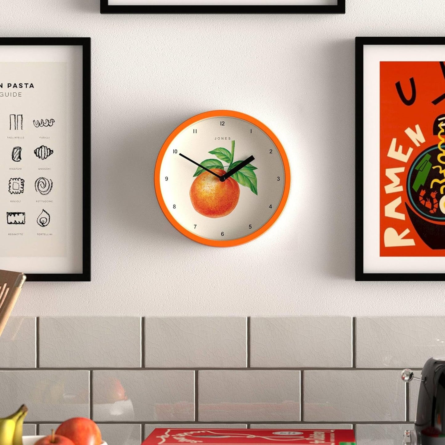 ® Fruit wall Clock | Small Round Clock | 8" | Yellow | Botanical Illustrated Lemon dial | Ideal for Kitchen and Dining Rooms.