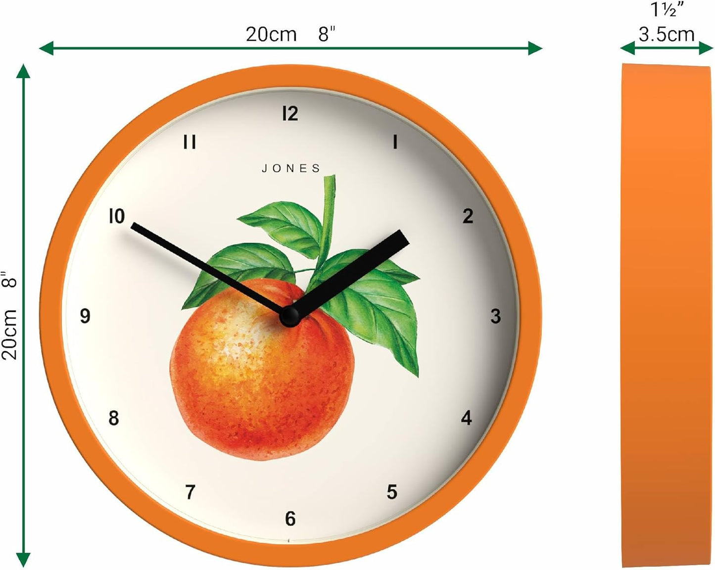 ® Fruit wall Clock | Small Round Clock | 8" | Yellow | Botanical Illustrated Lemon dial | Ideal for Kitchen and Dining Rooms.