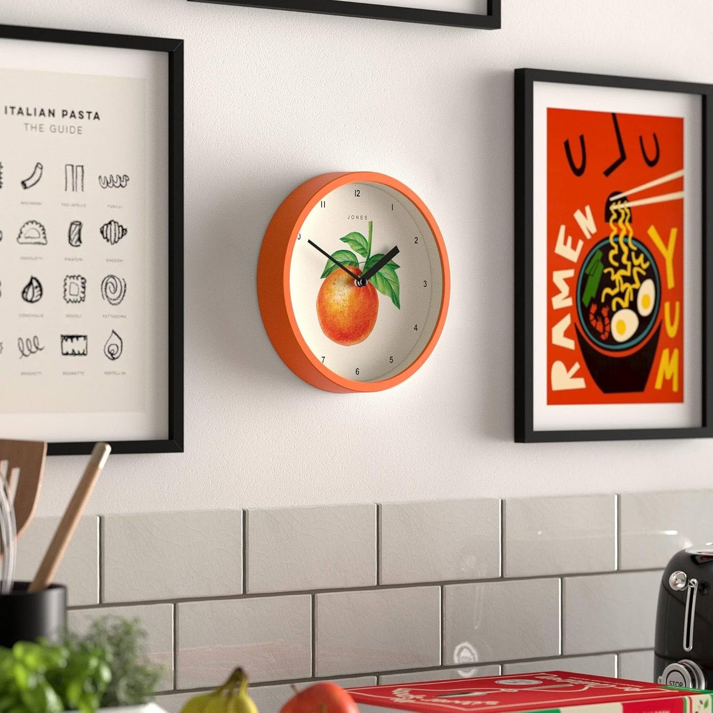 ® Fruit wall Clock | Small Round Clock | 8" | Yellow | Botanical Illustrated Lemon dial | Ideal for Kitchen and Dining Rooms.