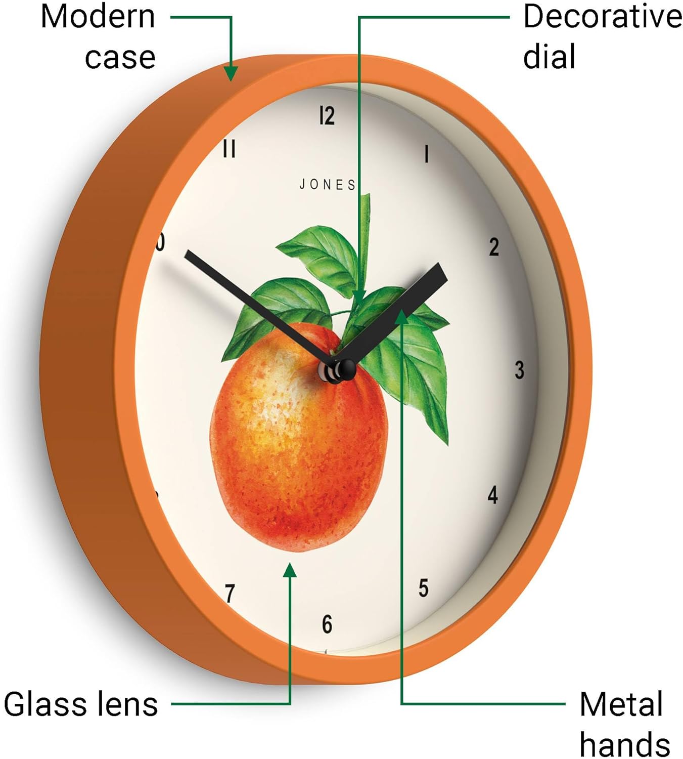 ® Fruit wall Clock | Small Round Clock | 8" | Yellow | Botanical Illustrated Lemon dial | Ideal for Kitchen and Dining Rooms.